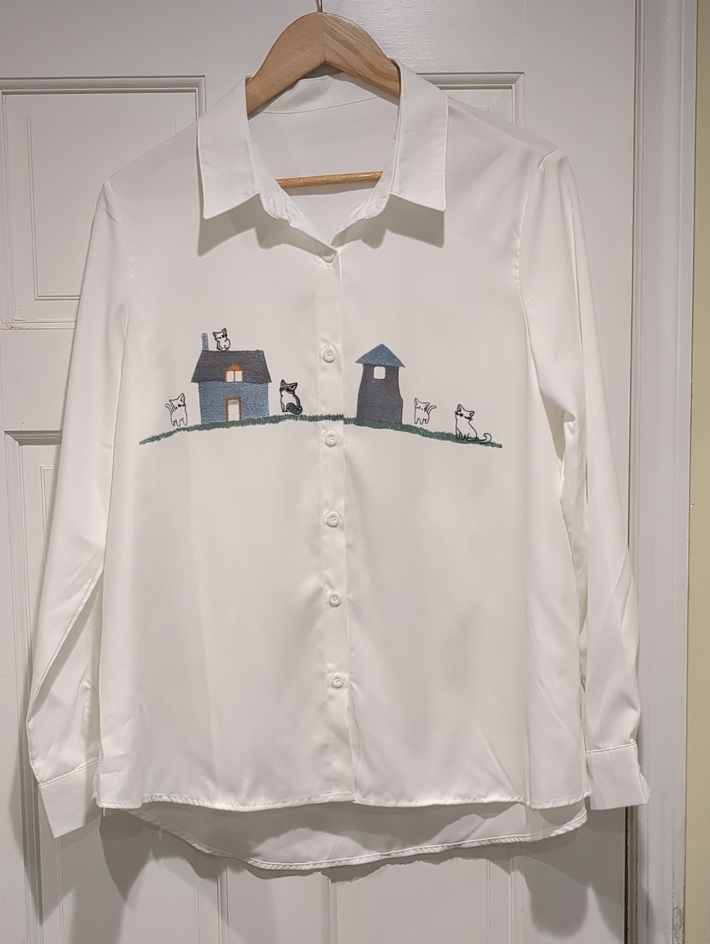 White Button-Up Shirt with House & Cat Graphics